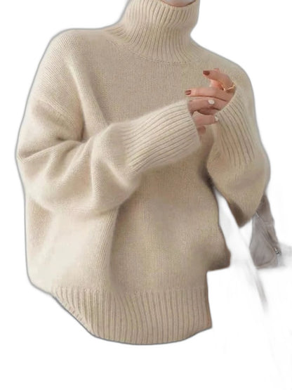 Effortless Cream Knit Sweater for Women with Turtleneck Long Sleeve Oversized Casual Style