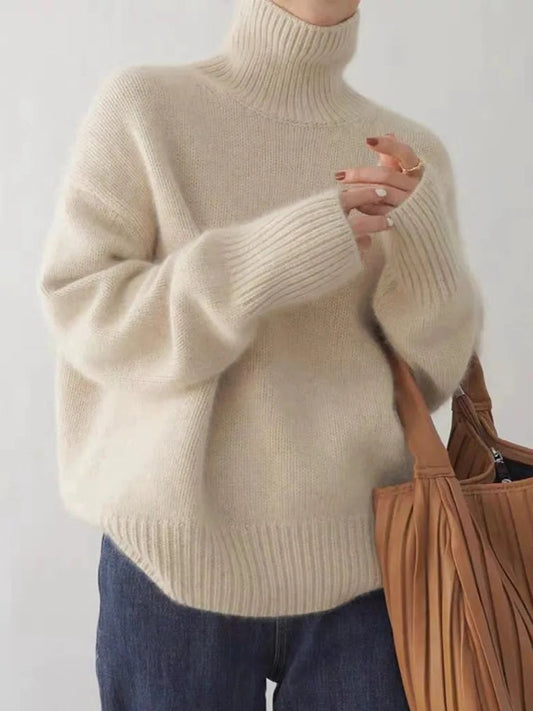 Effortless Cream Knit Sweater for Women with Turtleneck Long Sleeve Oversized Casual Style