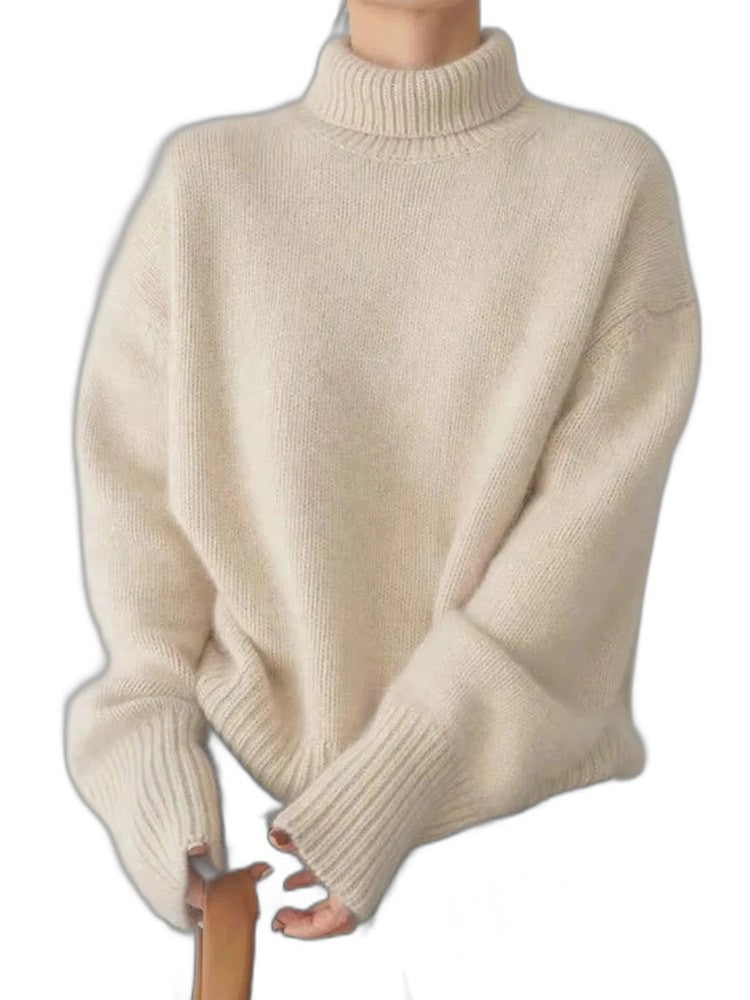 Effortless Cream Knit Sweater for Women with Turtleneck Long Sleeve Oversized Casual Style