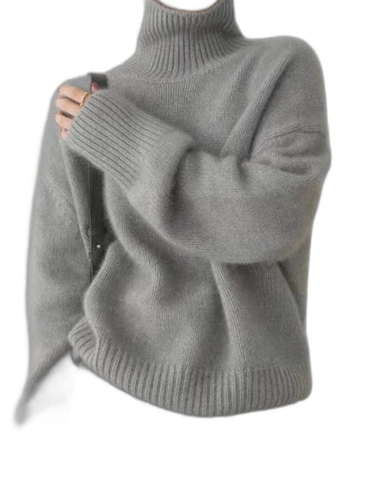 Effortless Cream Knit Sweater for Women with Turtleneck Long Sleeve Oversized Casual Style