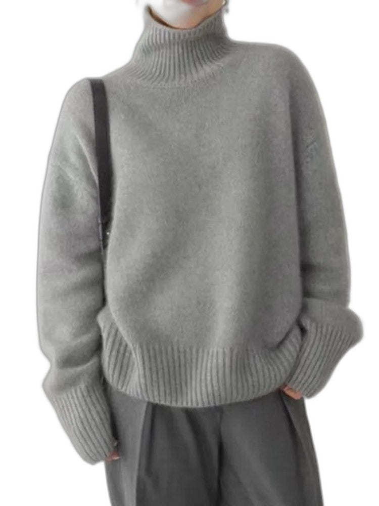 Effortless Cream Knit Sweater for Women with Turtleneck Long Sleeve Oversized Casual Style