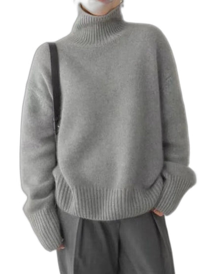 Effortless Cream Knit Sweater for Women with Turtleneck Long Sleeve Oversized Casual Style