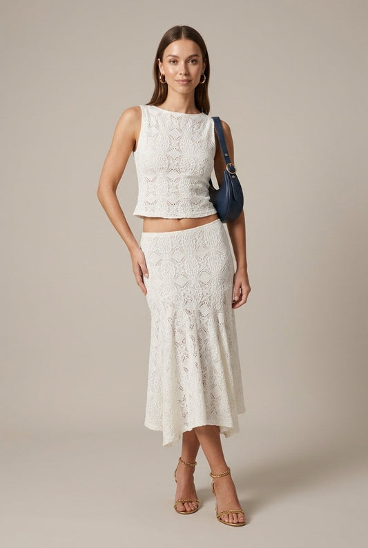 Effortless Cream Lace Two Piece Set for Women with Tiered Casual Style
