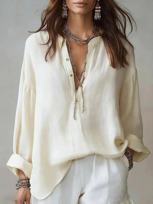Effortless Cream Linen Blouse for Women with V Neck Long Sleeve Button Front Oversized Casual Style