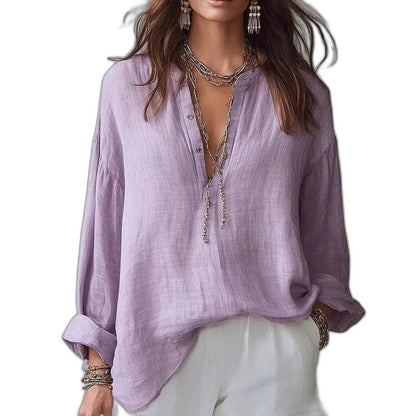 Effortless Cream Linen Blouse for Women with V Neck Long Sleeve Button Front Oversized Casual Style