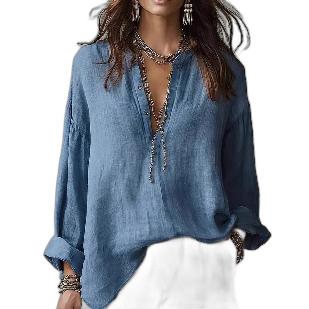 Effortless Cream Linen Blouse for Women with V Neck Long Sleeve Button Front Oversized Casual Style