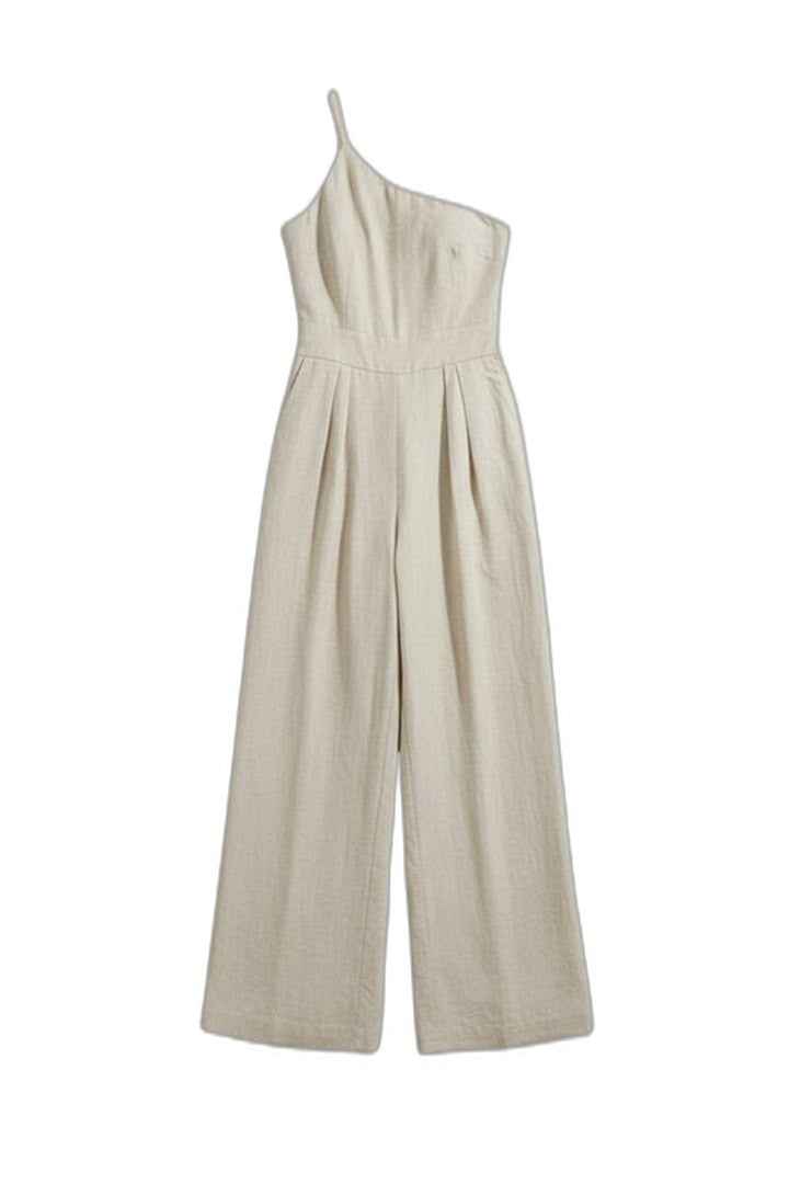 Effortless Cream Linen Jumpsuit for Women with One Shoulder Sleeveless Wide Leg Casual Style