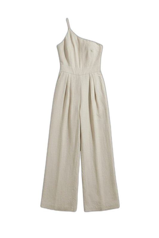 Effortless Cream Linen Jumpsuit for Women with One Shoulder Sleeveless Wide Leg Casual Style