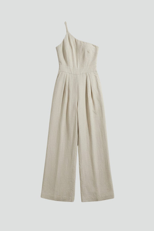 Effortless Cream Linen Jumpsuit for Women with One Shoulder Sleeveless Wide Leg Casual Style