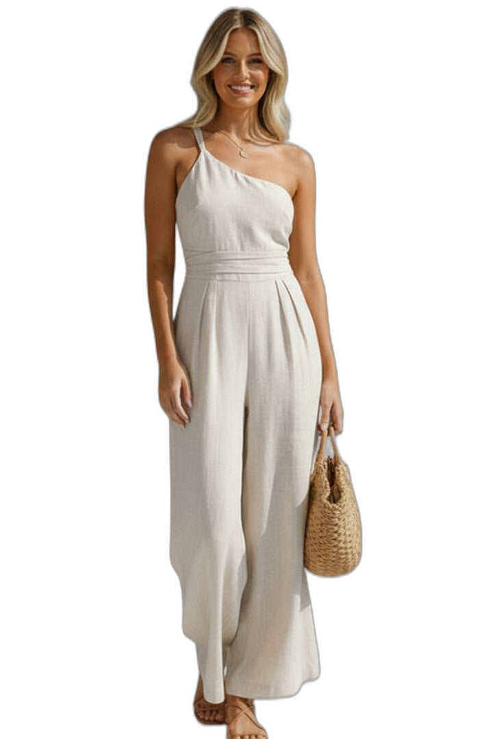 Effortless Cream Linen Jumpsuit for Women with One Shoulder Sleeveless Wide Leg Casual Style