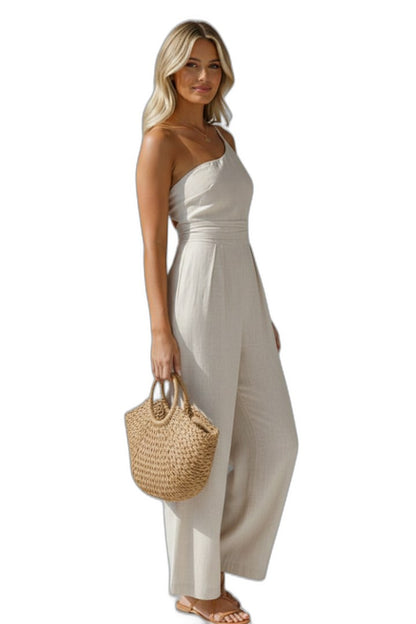 Effortless Cream Linen Jumpsuit for Women with One Shoulder Sleeveless Wide Leg Casual Style