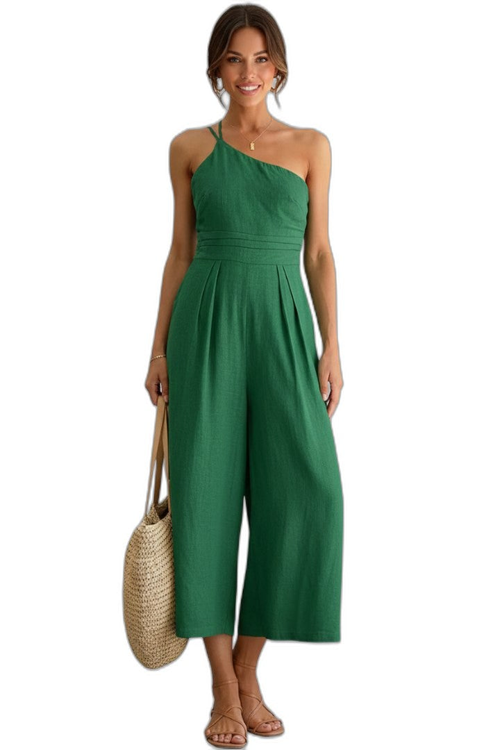Effortless Cream Linen Jumpsuit for Women with One Shoulder Sleeveless Wide Leg Casual Style