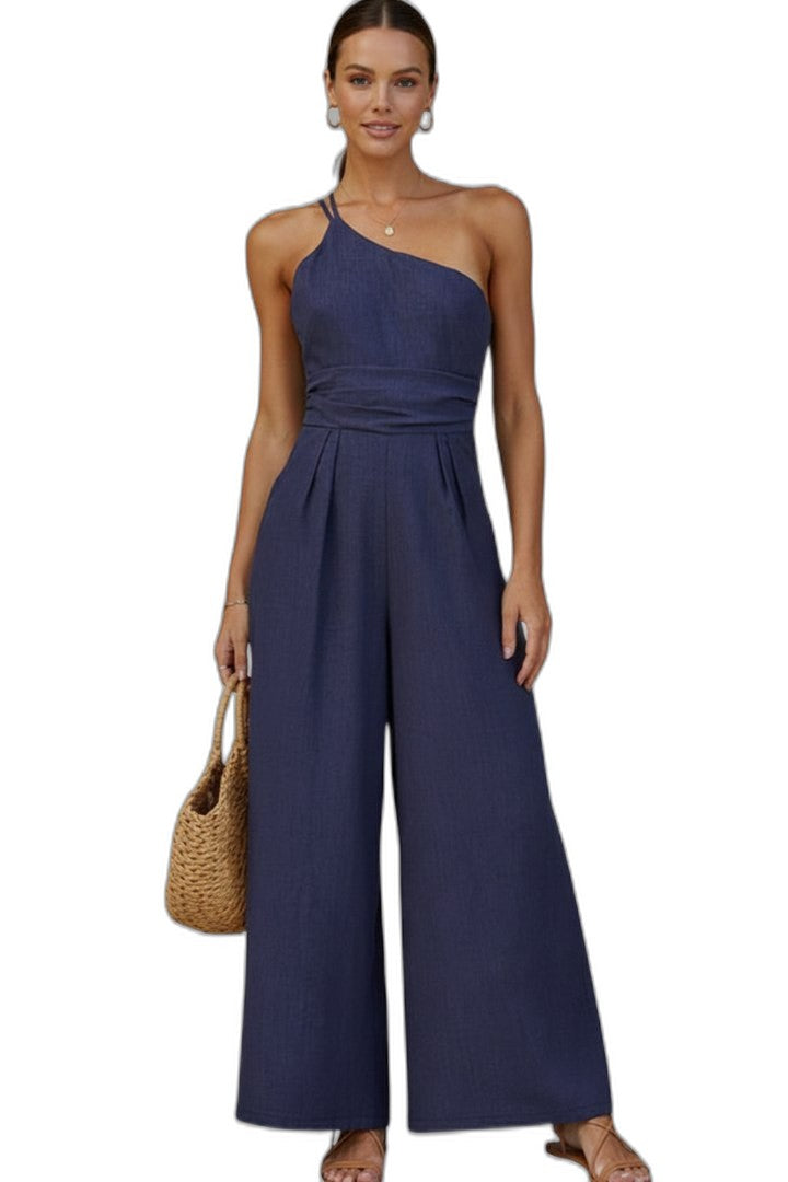 Effortless Cream Linen Jumpsuit for Women with One Shoulder Sleeveless Wide Leg Casual Style