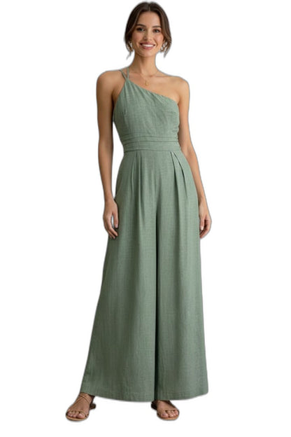 Effortless Cream Linen Jumpsuit for Women with One Shoulder Sleeveless Wide Leg Casual Style