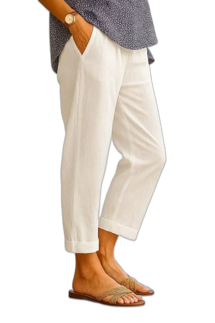 Effortless Cream Linen Pants for Women with High Waisted Cropped Pockets Casual Style