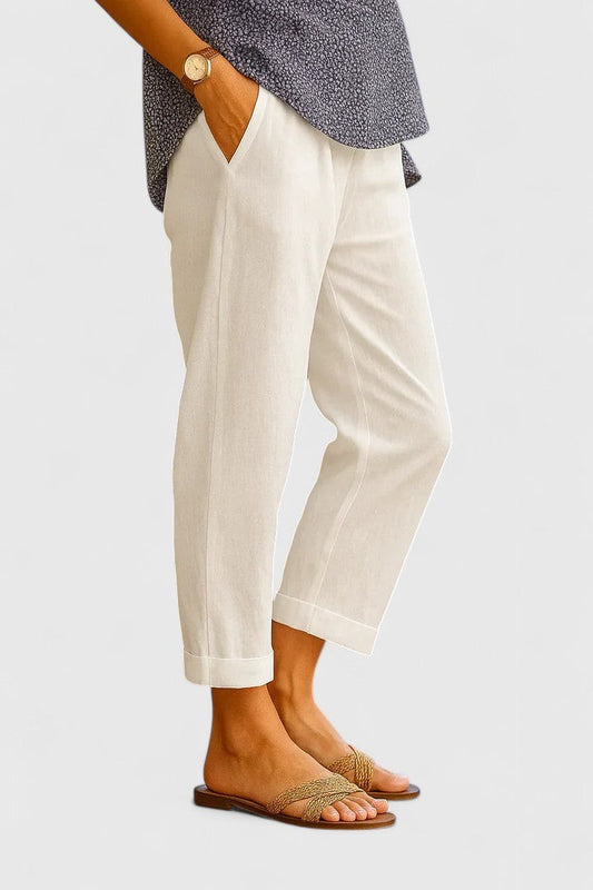 Effortless Cream Linen Pants for Women with High Waisted Cropped Pockets Casual Style