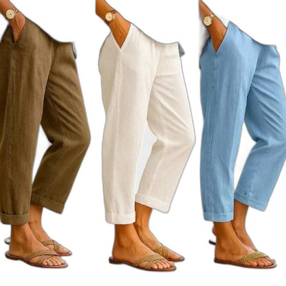 Effortless Cream Linen Pants for Women with High Waisted Cropped Pockets Casual Style