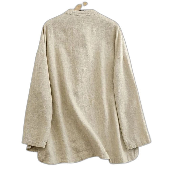 Effortless Cream Linen Shirt for Women with Collared Long Sleeve Oversized Casual Style