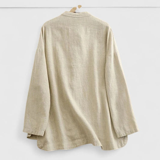 Effortless Cream Linen Shirt for Women with Collared Long Sleeve Oversized Casual Style