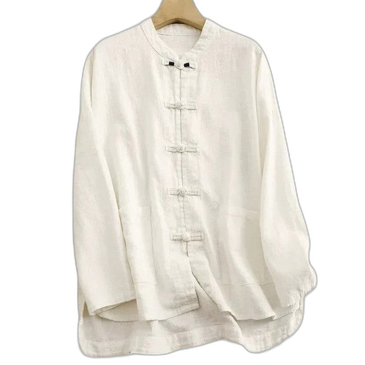 Effortless Cream Linen Shirt for Women with Collared Long Sleeve Oversized Casual Style