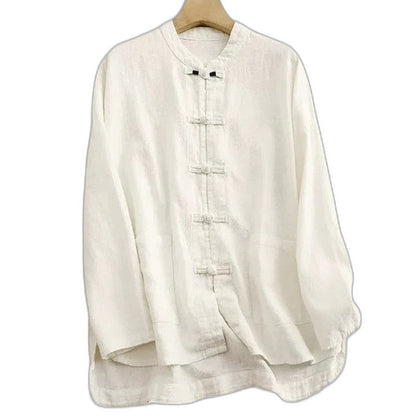 Effortless Cream Linen Shirt for Women with Collared Long Sleeve Oversized Casual Style