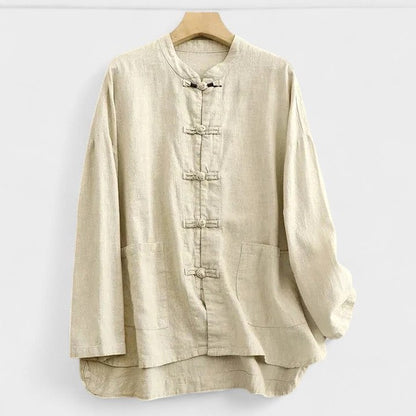 Effortless Cream Linen Shirt for Women with Collared Long Sleeve Oversized Casual Style