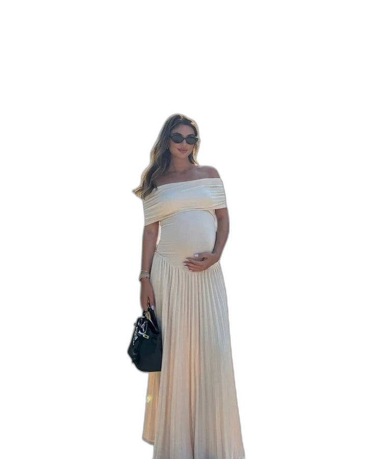 Effortless Cream Maxi Dress for Women with Off Shoulder Short Sleeve Pleated Flowing Casual Style