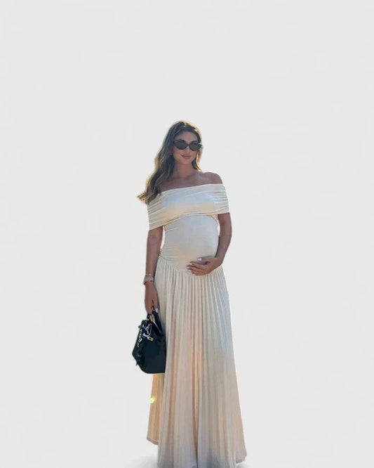 Effortless Cream Maxi Dress for Women with Off Shoulder Short Sleeve Pleated Flowing Casual Style