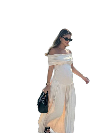 Effortless Cream Maxi Dress for Women with Off Shoulder Short Sleeve Pleated Flowing Casual Style
