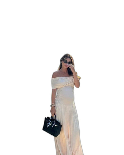 Effortless Cream Maxi Dress for Women with Off Shoulder Short Sleeve Pleated Flowing Casual Style