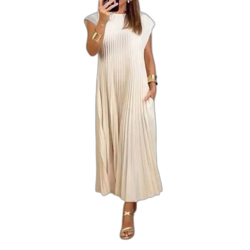 Effortless Cream Maxi Dress for Women with Sleeveless Pleated Flowing Casual Style