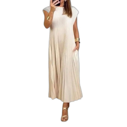 Effortless Cream Maxi Dress for Women with Sleeveless Pleated Flowing Casual Style