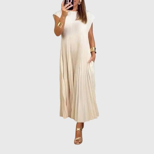 Effortless Cream Maxi Dress for Women with Sleeveless Pleated Flowing Casual Style