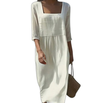 Effortless Cream Midi Dress for Women with Square Neck Long Sleeve Flowing Casual Style