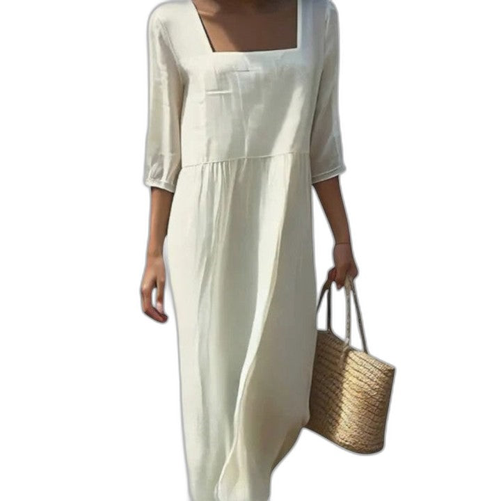 Effortless Cream Midi Dress for Women with Square Neck Long Sleeve Flowing Casual Style
