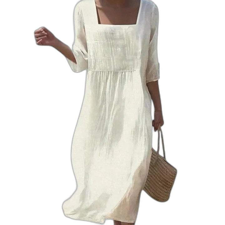 Effortless Cream Midi Dress for Women with Square Neck Long Sleeve Flowing Casual Style