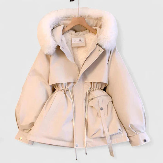 Effortless Cream Puffer Jacket for Women with High Neck Long Sleeve Belted Fur Lined Casual Style