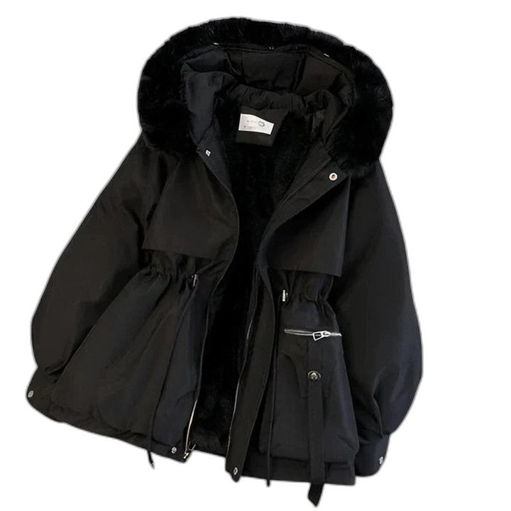 Effortless Cream Puffer Jacket for Women with High Neck Long Sleeve Belted Fur Lined Casual Style