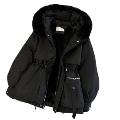 Effortless Cream Puffer Jacket for Women with High Neck Long Sleeve Belted Fur Lined Casual Style
