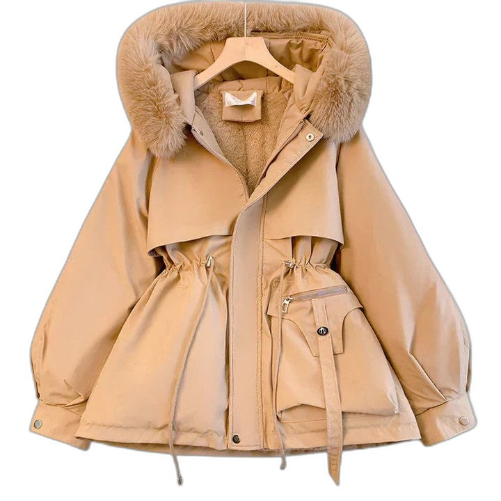 Effortless Cream Puffer Jacket for Women with High Neck Long Sleeve Belted Fur Lined Casual Style