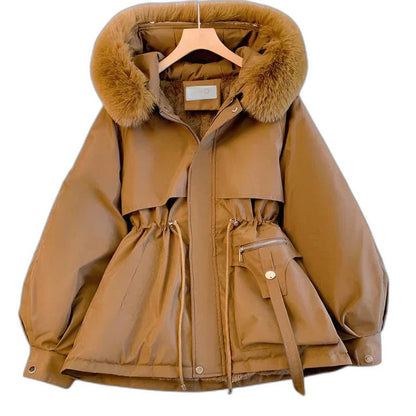 Effortless Cream Puffer Jacket for Women with High Neck Long Sleeve Belted Fur Lined Casual Style