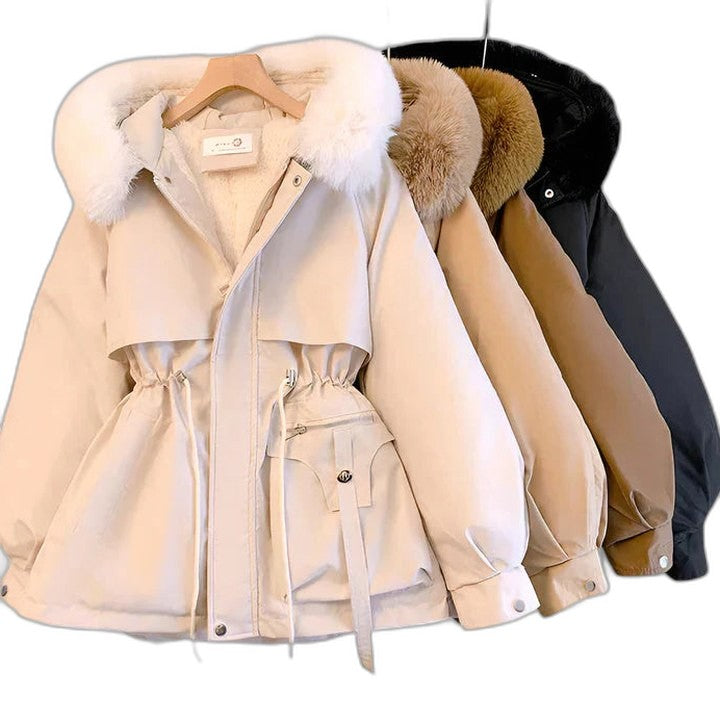 Effortless Cream Puffer Jacket for Women with High Neck Long Sleeve Belted Fur Lined Casual Style