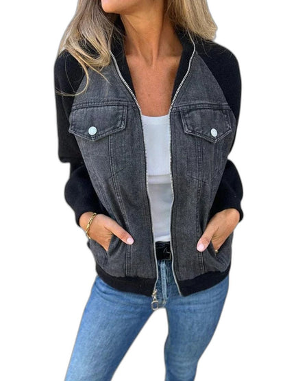 Effortless Denim Jacket for Women with Collared Long Sleeve Button Front Pockets Casual Style