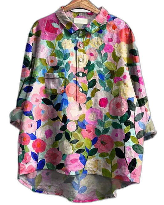 Effortless Floral Blouse for Women with Collared Elbow Sleeve Button Front Flowing Casual Style