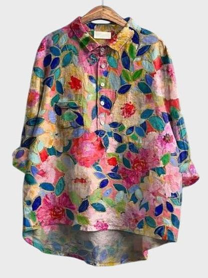 Effortless Floral Blouse for Women with Collared Elbow Sleeve Button Front Flowing Casual Style