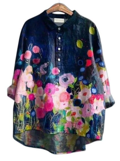 Effortless Floral Blouse for Women with Collared Elbow Sleeve Button Front Flowing Casual Style