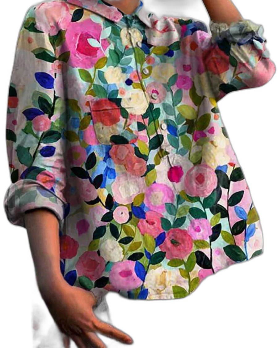 Effortless Floral Blouse for Women with Collared Elbow Sleeve Button Front Flowing Casual Style