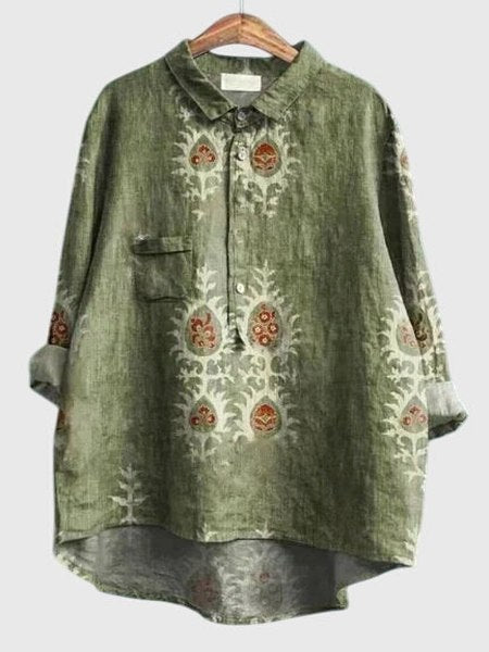 Effortless Floral Blouse for Women with Collared Elbow Sleeve Button Front Flowing Casual Style