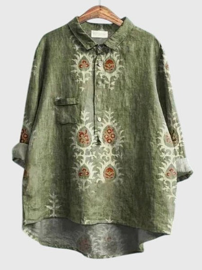 Effortless Floral Blouse for Women with Collared Elbow Sleeve Button Front Flowing Casual Style