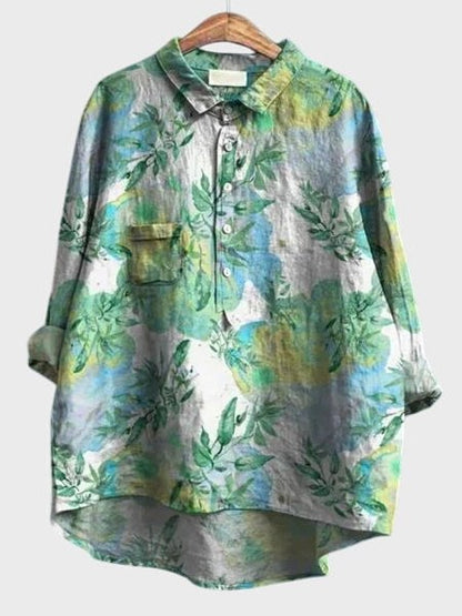 Effortless Floral Blouse for Women with Collared Elbow Sleeve Button Front Flowing Casual Style
